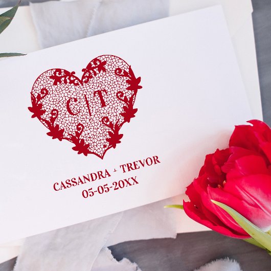 Initials Sophisticated Wedding Lace Floral Heart ラバースタンプ