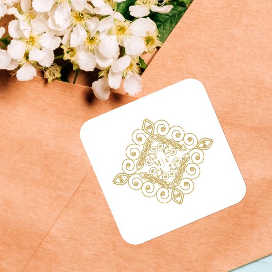 Initials White & Gold Sophisticated Swirly スクエアシール