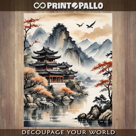 Ink drawing Japanese Pagoda on autumn lake - 薄葉紙