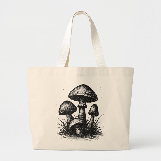 Ink‑Drawn Mushroom Cluster Tote Bag ラージトートバッグ (正面)