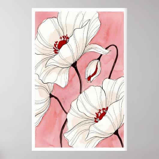 Ink Poppy Floral Art Print Fine Lines with ポスター (正面)