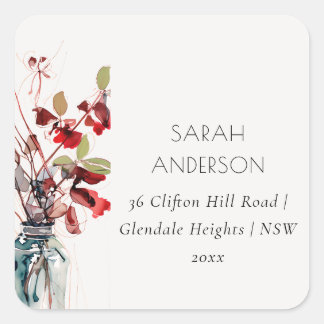 Inky Red Green Vintage Boho Florals Address スクエアシール