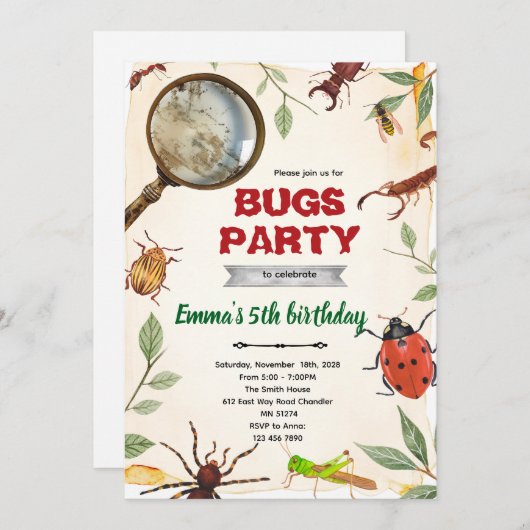 Insect Bugs Birthday party Invitation 招待状 (正面/裏面)