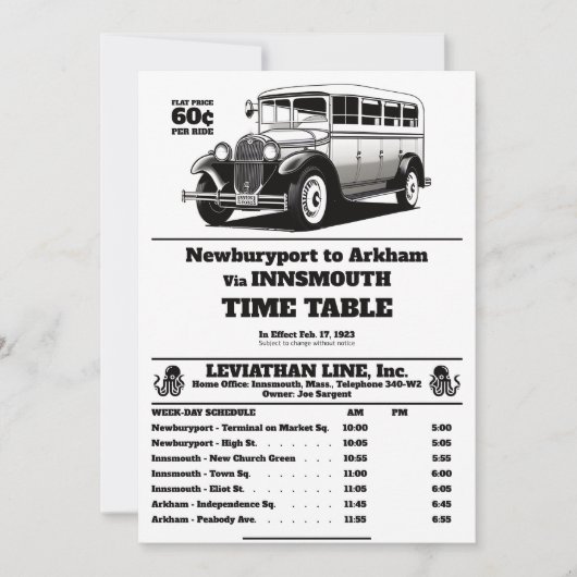 Insmouth Bus Schedule Joe Sargent 招待状 (正面)