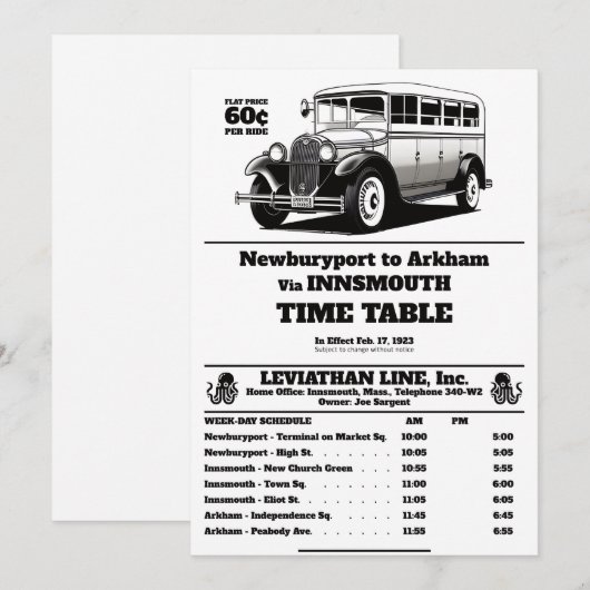 Insmouth Bus Schedule Joe Sargent 招待状 (正面/裏面)
