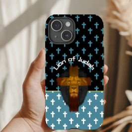 Inspirational Black Blue White Cross Lion of Judah iPhone 15ケース