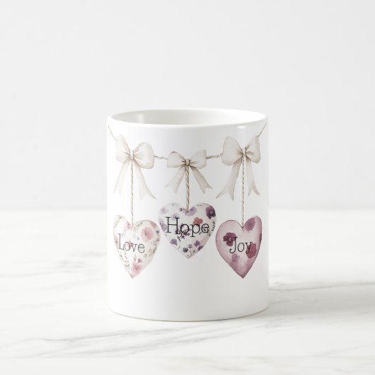 Inspirational Floral Love Hope Joy Heart Bow コーヒーマグカップ (中央)