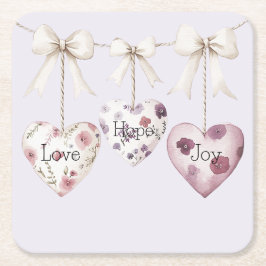 Inspirational Floral Love Hope Joy Hearts Bow スクエアペーパーコースター