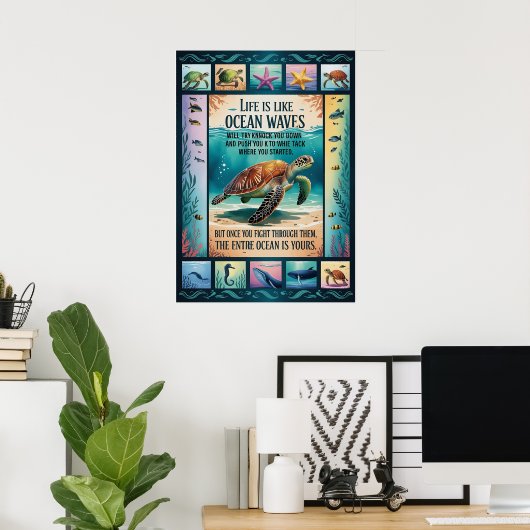 Inspirational Sea Turtle Ocean Poster “Life Is Lik ポスター (ホームオフィス)