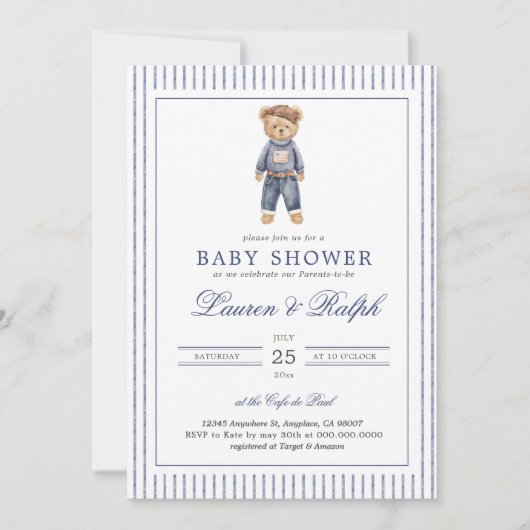 Inspired Blue Teddy Bear Baby Shower 招待状 (正面)