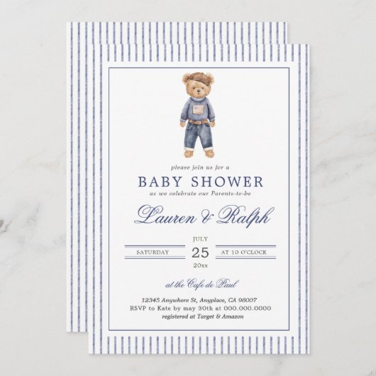 Inspired Blue Teddy Bear Baby Shower 招待状 (正面/裏面)