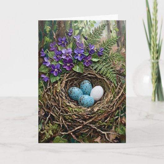Inspiring Spring Bird Nest Violets Impasto Easter シーズンカード (正面)