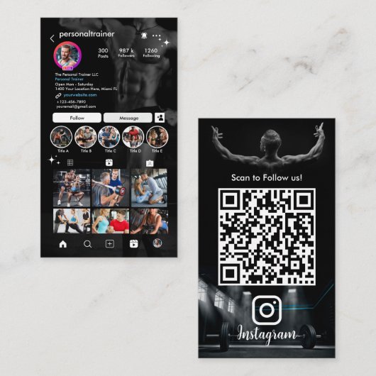 Instagramとモダントレンディーフィットネスパーソナルトレーナー 名刺 (正面/裏面)