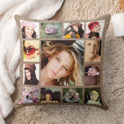 Instagramの写真のコラージュが付いているフェイクなバーラップ クッション (ブランケット)