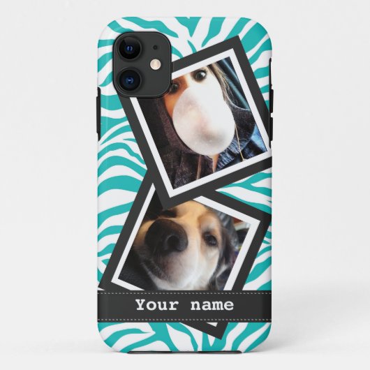 Instagramの2つの正方形の写真を持つターコイズのシマウマ Case-Mate iPhoneケース (裏面)