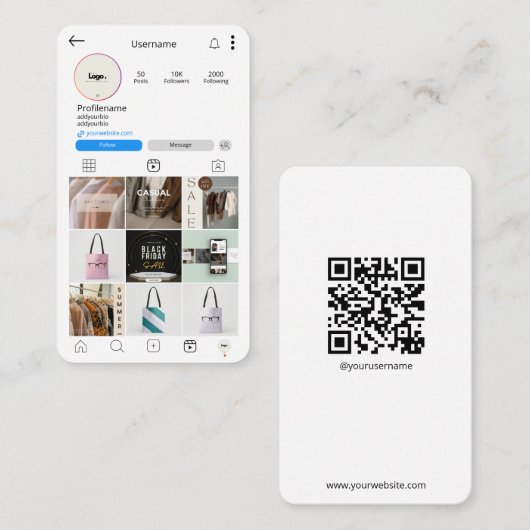 InstagramソーシャルメディアQRコードホワイトビジネスカード 名刺 (正面/裏面)