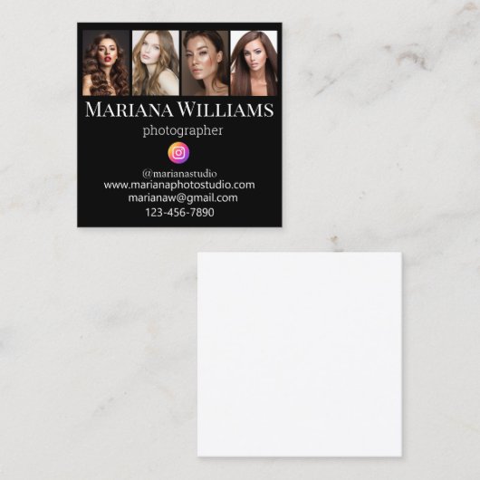 instagramフォトグラファー4写真コラージュ黒シック スクエア名刺 (正面/裏面)