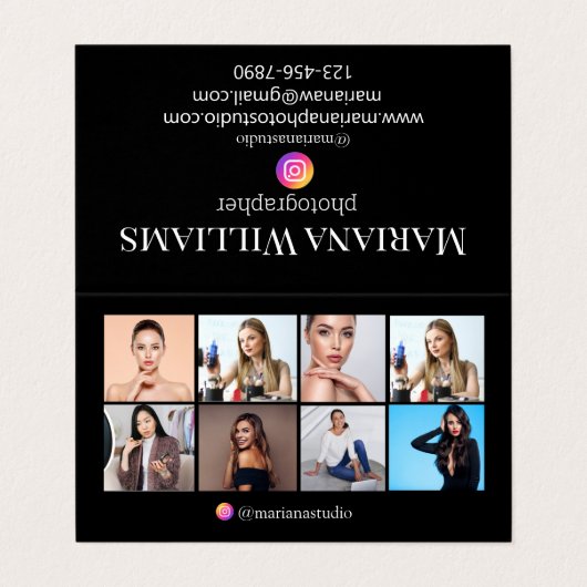 instagramフォトグラファー8写真コラージュ黒シック 名刺 (外部フラット)
