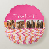 Instagramフォトコラージホットピンクオレンジシェブロン ラウンドクッション (正面)