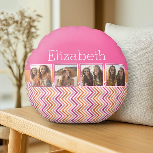 Instagramフォトコラージホットピンクオレンジシェブロン ラウンドクッション