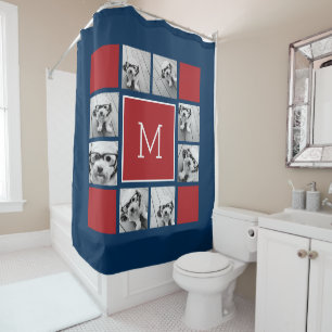 Instagramフォトコラージモノグラム – Red Navy シャワーカーテン