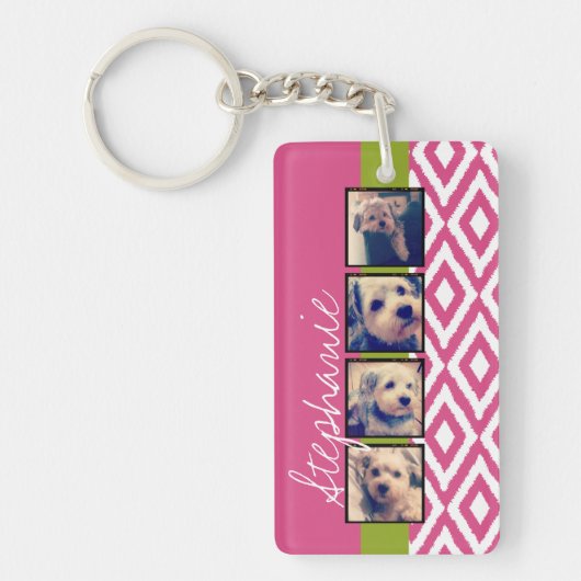 Instagramフォトコラージュとイカットホットピンク名 キーホルダー (正面)