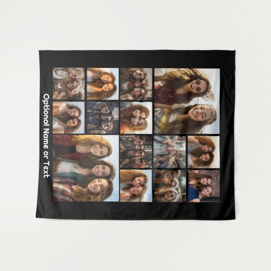 Instagramフォトコラージュ – 最大14枚の写真黒 タペストリー (正面(横))