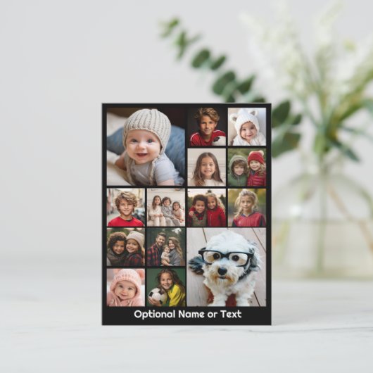 Instagramフォトコラージュ – 最大14枚の写真黒 ポストカード (スタンド正面)