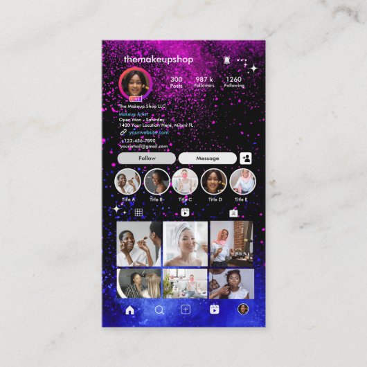 Instagramメイクアップアーティストピンク&ブルーQRコード 名刺 (正面)