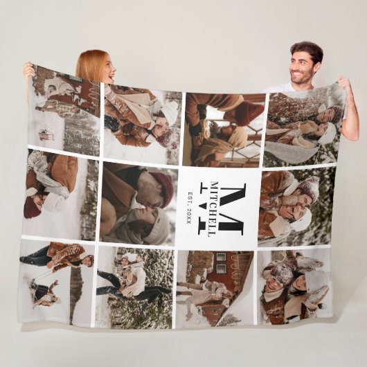 Instagramモダンフォトコラージュ | 白モノグラム フリースブランケット (インサイチュ)