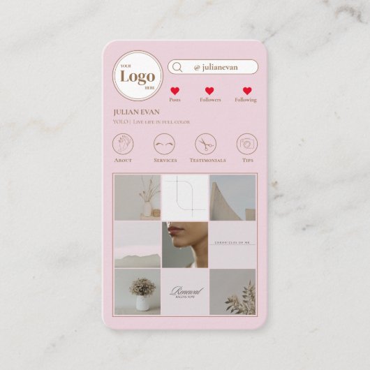 Instagram写真エレガントコラージュピンクの名刺 名刺 (正面)