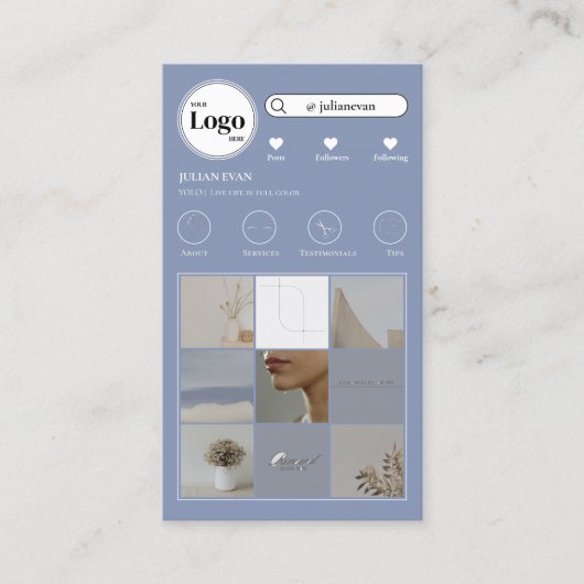 Instagram写真モダンコラージュブルーソーシャルメディア 名刺 (正面)