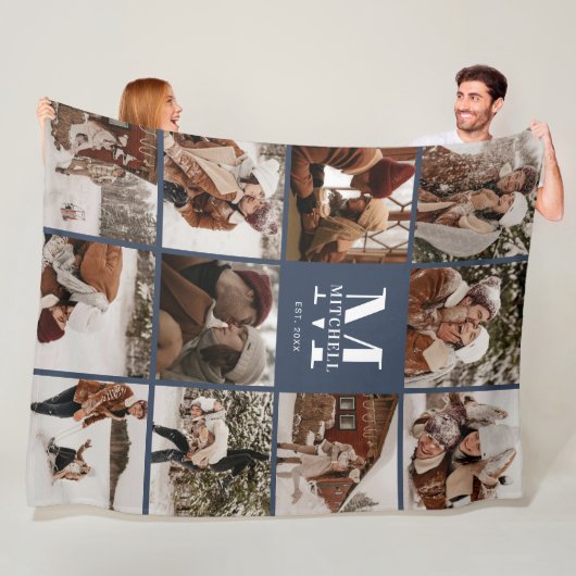 Instagram写真モダンコラージュ海軍ブルーモノグラム フリースブランケット (インサイチュ)