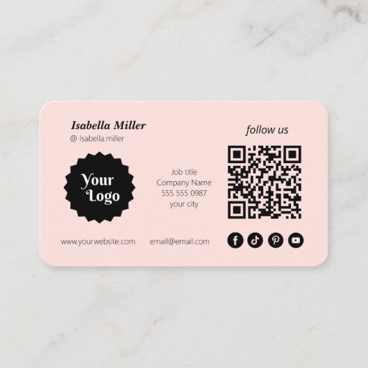 Instagram後を追 Us Qrコードピンクビジネスロゴ 名刺 (裏面)