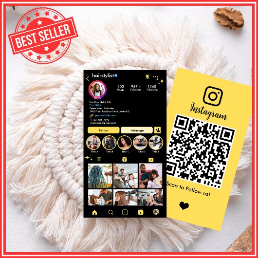 Instagram美容師イエローQRコードソーシャルメディア 名刺