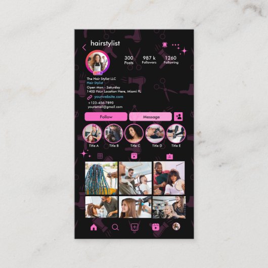 Instagram美容師ピンク | QRコードソーシャルメディア 名刺 (正面)