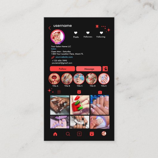 Instagram ネイルサロン 赤 | ソーシャルメディアQRコード 名刺 (正面)