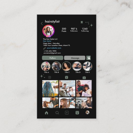 Instagram ヘアスタイリスト Sage Green QR ソーシャルメディア 名刺 (正面)
