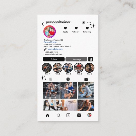 Instagram 接続する ホワイト パーソナルトレーナー 名刺 (正面)