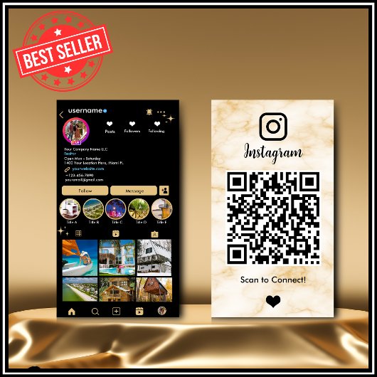 Instagram LUXURY イエロー&ブラック マーブル アゲート QR 名刺