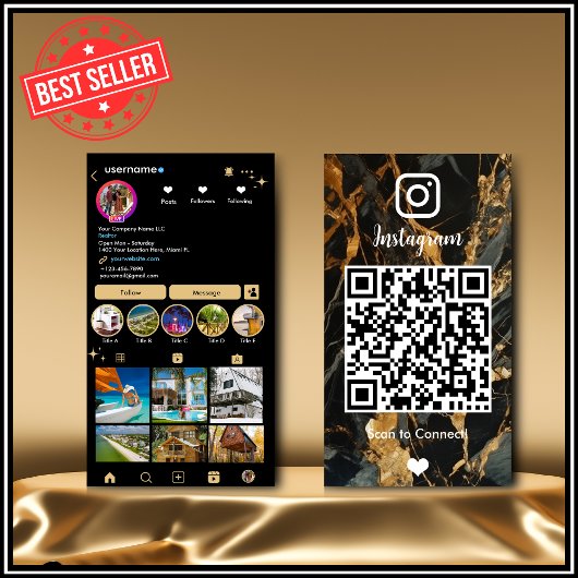 Instagram LUXURY ゴールド&ブラック大理石めのうQR 名刺