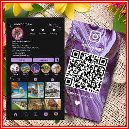 Instagram LUXURY パープル&ブラック マーブル アゲート QR 名刺