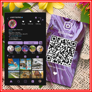 Instagram LUXURY パープル&ブラック マーブル アゲート QR 名刺