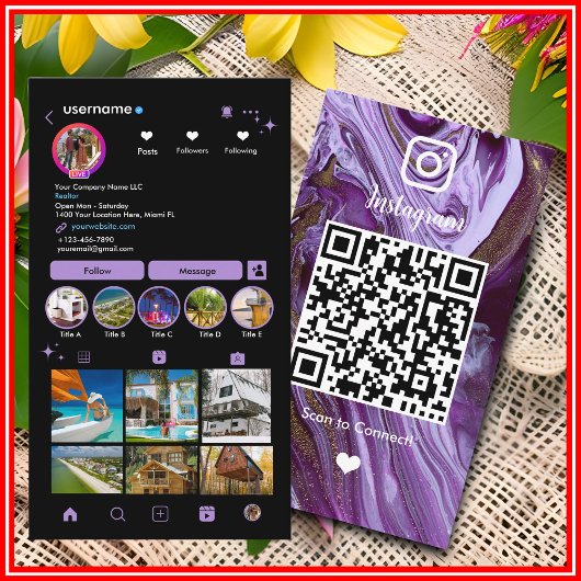 Instagram LUXURY パープル&ブラック マーブル アゲート QR 名刺
