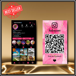 Instagram LUXURY ピンク&ブラック マーブル アゲート QR 名刺