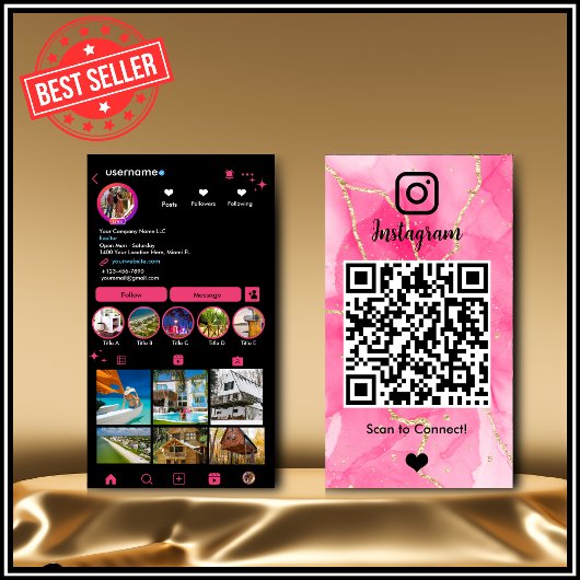 Instagram LUXURY ピンク&ブラック マーブル アゲート QR 名刺