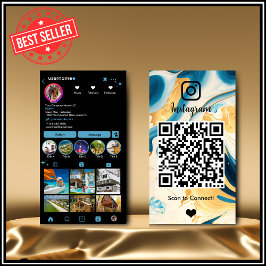 Instagram LUXURY ブルー&ゴールド ブラックマーブル アゲート QR 名刺