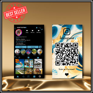 Instagram LUXURY ブルー＆ゴールド ブラックマーブル アゲート QR 名刺