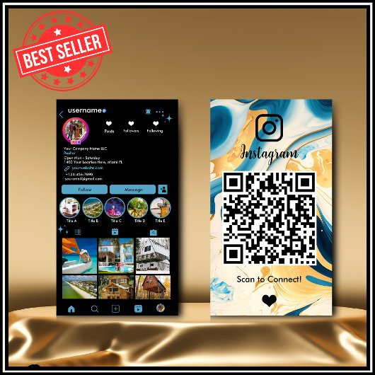 Instagram LUXURY ブルー&ゴールド ブラックマーブル アゲート QR 名刺