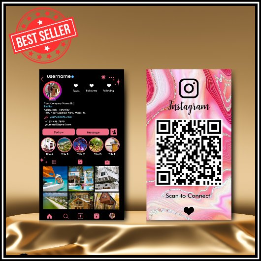 Instagram LUXURY Pink & Black Marble Agate QRコード 名刺